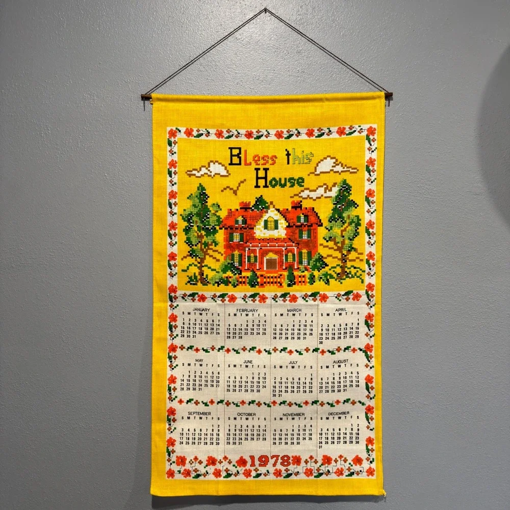 Vintage 1978 Bless This House Linen Calendar Tea Towel Wall Hanging Yellow 16x28